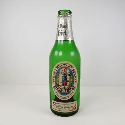 St. Pauli Girl vintage green glass Bremen Germany empty beer bottle with paper label and silver foil: Front