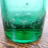 Codd Neck green glass self sealing soda bottle. Original rubber ring, marble. Raised foreign language: Victory - Click to enlarge