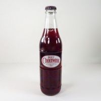 Diet Cheerwine 12 oz. full ACL soda bottle in a clear glass bottle with metal cap: Back - Click to enlarge