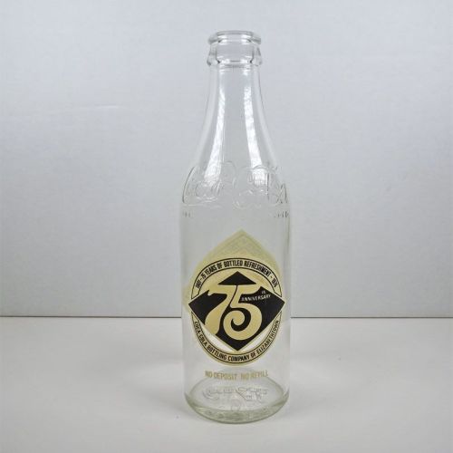 75th Anniversary Coke Bottle Elizabethtown Kentucky. Nice graphics and raised wording. No cap: Front