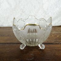 Vintage fruit bowl compote with four short legs. Clear glass with beautiful designs throughout: Right - Click to enlarge