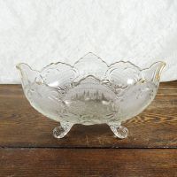 Vintage fruit bowl compote with four short legs. Clear glass with beautiful designs throughout: Back - Click to enlarge