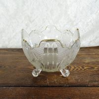 Vintage fruit bowl compote with four short legs. Clear glass with beautiful designs throughout: Left - Click to enlarge