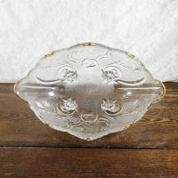 Vintage fruit bowl compote with four short legs. Clear glass with beautiful designs throughout: Inside - Click to enlarge