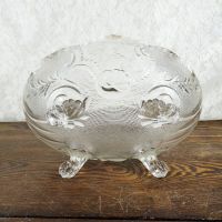 Vintage fruit bowl compote with four short legs. Clear glass with beautiful designs throughout: Bottom - Click to enlarge