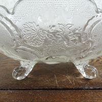 Vintage fruit bowl compote with four short legs. Clear glass with beautiful designs throughout: Design 1 - Click to enlarge