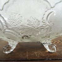 Vintage fruit bowl compote with four short legs. Clear glass with beautiful designs throughout: Design 3 - Click to enlarge