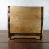 Vintage six bottle wood box caddy with metal straps, cutout handles and small opening to see the bottles: Back - Click to enlarge