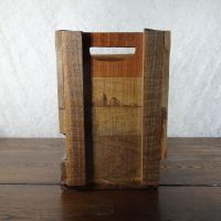 Vintage six bottle wood box caddy with metal straps, cutout handles and small opening to see the bottles: Side - Click to enlarge