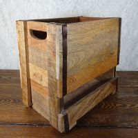 Vintage six bottle wood box caddy with metal straps, cutout handles and small opening to see the bottles: Rightish - Click to enlarge