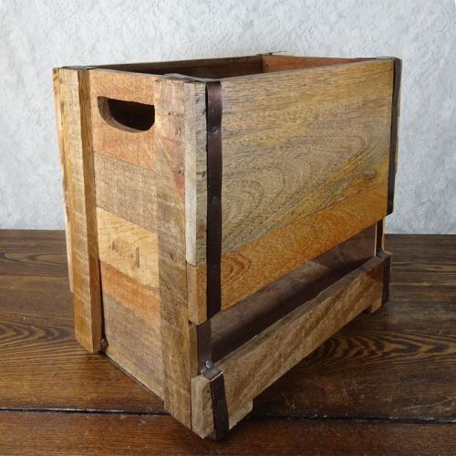 Vintage six bottle wood box caddy with metal straps, cutout handles and small opening to see the bottles: Rightish