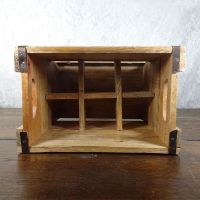 Vintage six bottle wood box caddy with metal straps, cutout handles and small opening to see the bottles: Inside - Click to enlarge