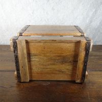 Vintage six bottle wood box caddy with metal straps, cutout handles and small opening to see the bottles: Bottom - Click to enlarge