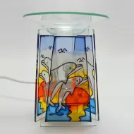Dolphins jumping out of water three sided stained glass style electric oil tart warmer with dimmer dial in box: Front