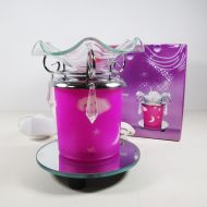 Electric oil warmer featuring a pink night sky of white stars, moon and clouds. Round mirror base: With Box