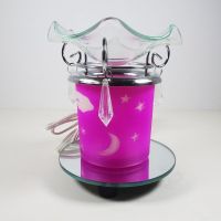 Electric oil warmer featuring a pink night sky of white stars, moon and clouds. Round mirror base: Front - Click to enlarge