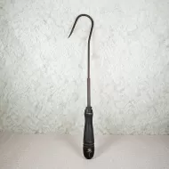 Vintage 14.5 inch fishing gaff, metal hook and pole with dark wood handle: Upright