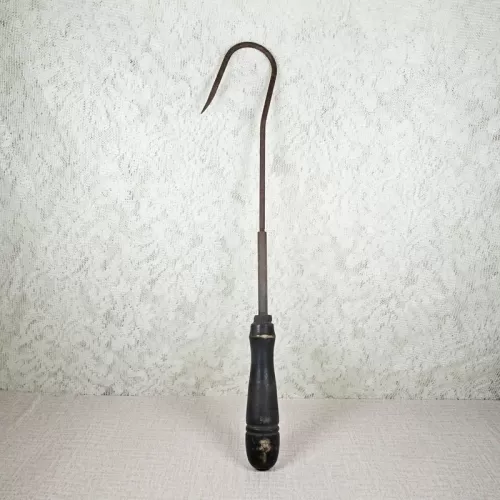 Vintage 14.5 inch fishing gaff, metal hook and pole with dark wood handle: Upright