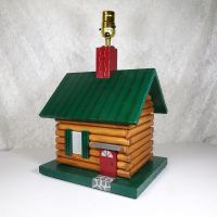 Handcrafted working wood log cabin lamp. Manually constructed and hand painted. Fine detail: Main