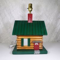 Handcrafted working wood log cabin lamp. Manually constructed and hand painted. Fine detail: Front - Click to enlarge