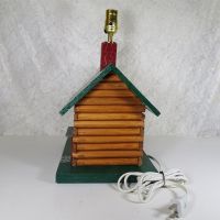 Handcrafted working wood log cabin lamp. Manually constructed and hand painted. Fine detail: Left - Click to enlarge