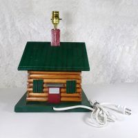 Handcrafted working wood log cabin lamp. Manually constructed and hand painted. Fine detail: Back - Click to enlarge