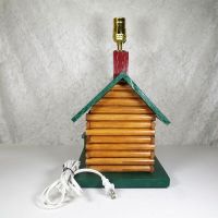 Handcrafted working wood log cabin lamp. Manually constructed and hand painted. Fine detail: Right - Click to enlarge