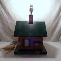 Handcrafted working wood log cabin lamp. Manually constructed and hand painted. Fine detail: Turned On - Click to enlarge