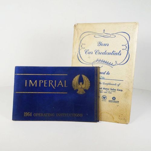 1964 Chrysler Imperial car owner’s manual with original envelope. Blue velvet and gold: All