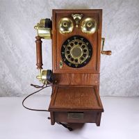 Vintage replica of an antique wood wall telephone with pushbuttons, a simulated crank handle, storage compartment and more: Front - Click to enlarge