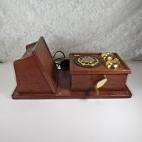 Vintage replica of an antique wood wall telephone with pushbuttons, a simulated crank handle, storage compartment and more: Flat - Click to enlarge