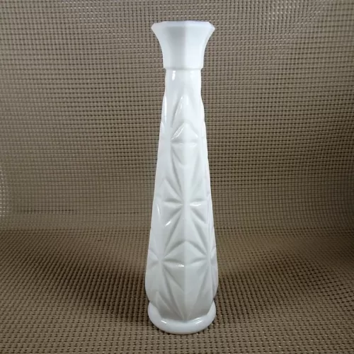 Vintage milk glass bud vase with fluted octagon top and diamond starburst design: Front