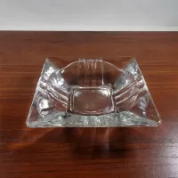 Vintage 4-5/8" square clear glass ashtray with 3 indented rounded bars each side: Main - Click to enlarge