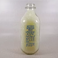 Meyer's Blue Ribbon Milk vintage clear glass acl one quart milk bottle with nice blue graphics: Front - Click to enlarge