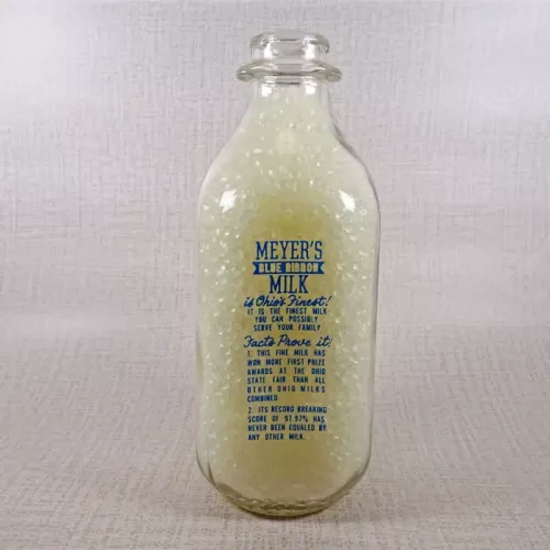 Meyer's Blue Ribbon Milk vintage clear glass acl one quart milk bottle with nice blue graphics: Front