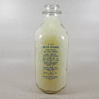 Meyer's Blue Ribbon Milk vintage clear glass acl one quart milk bottle with nice blue graphics: Back - Click to enlarge