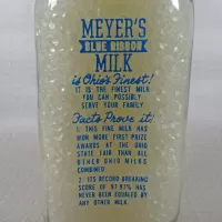 Meyer's Blue Ribbon Milk vintage clear glass acl one quart milk bottle with nice blue graphics: Graphics Front - Click to enlarge