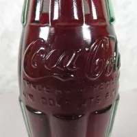 Akron Ohio vintage 8 oz full hobbleskirt no refill Coke bottle. Coca Cola Classic cap. Aqua glass: Contents - Click to enlarge